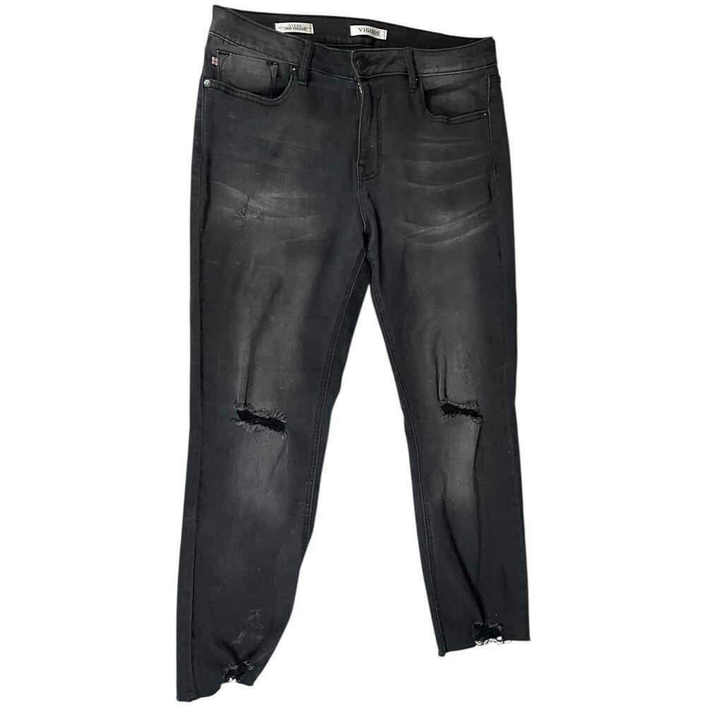 VIGOSS Stevie Crop Straight Distressed Black Washed Jeans Stretch Size 30 Cotton